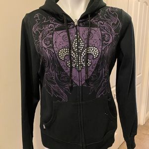 Black Zip Hoodie, with Purple Fluer de Lis XL